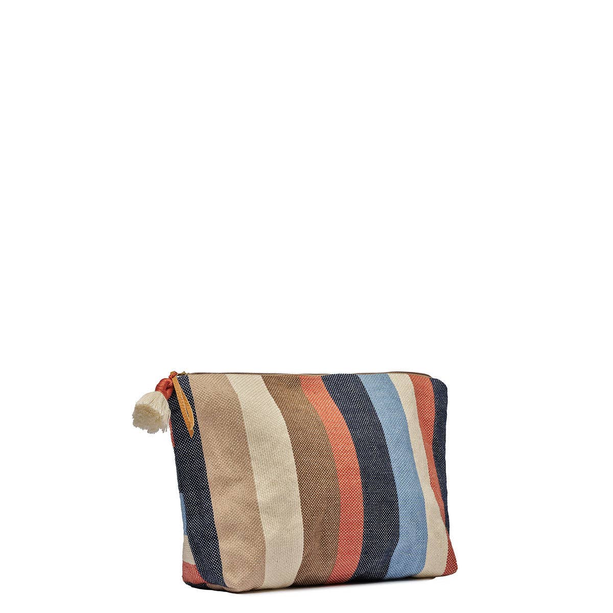Multicolored striped pouch on a white background
