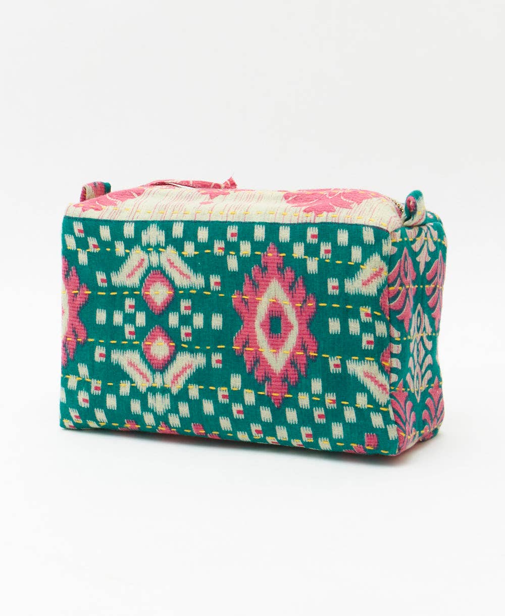 Kantha Medium Toiletry Bag in Green and Pink Fleur