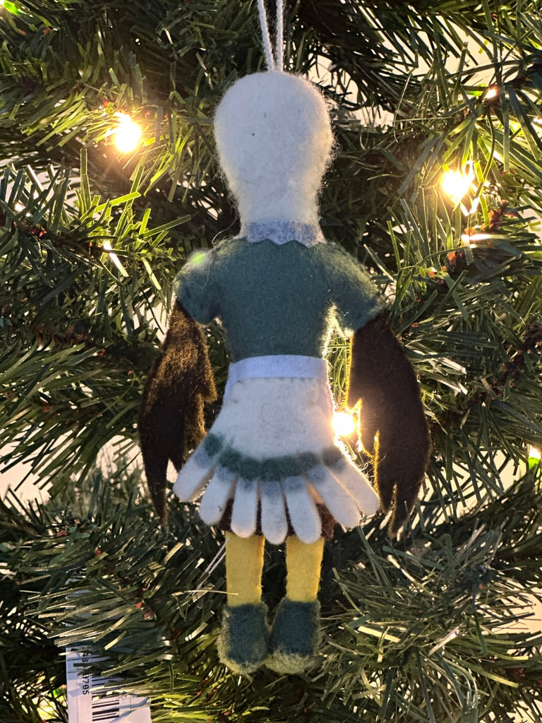 Back of felted eagle ornament hanging on a Christmas tree