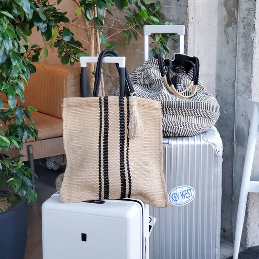 Two handbags on a suitcase with a plant and radiator in the background
