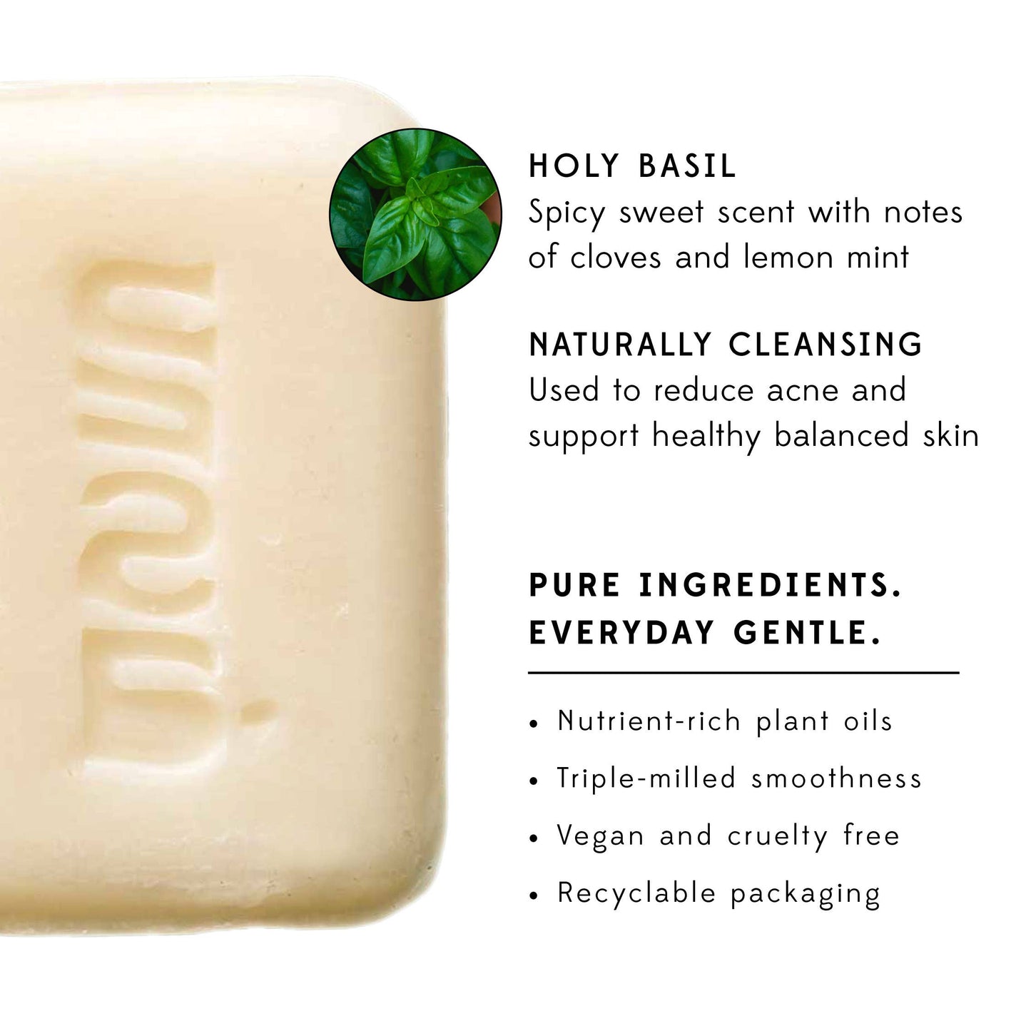 Bar of soap with branding and product information about holy basil scent and benefits.