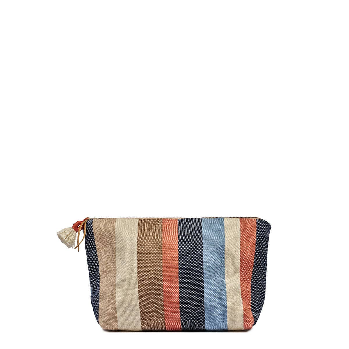 Striped fabric pouch with a tassel on a white background