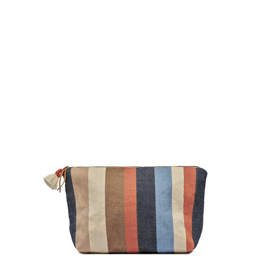 Striped fabric pouch with a tassel on a white background