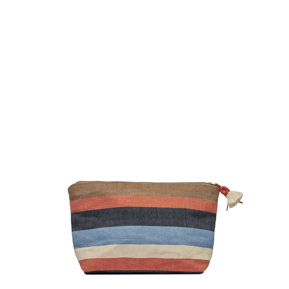 Striped fabric pouch with a zipper on a white background