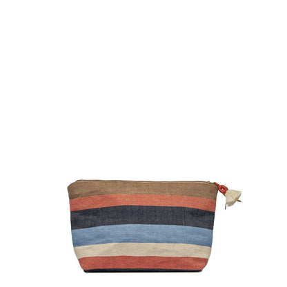 Striped fabric pouch with a zipper on a white background