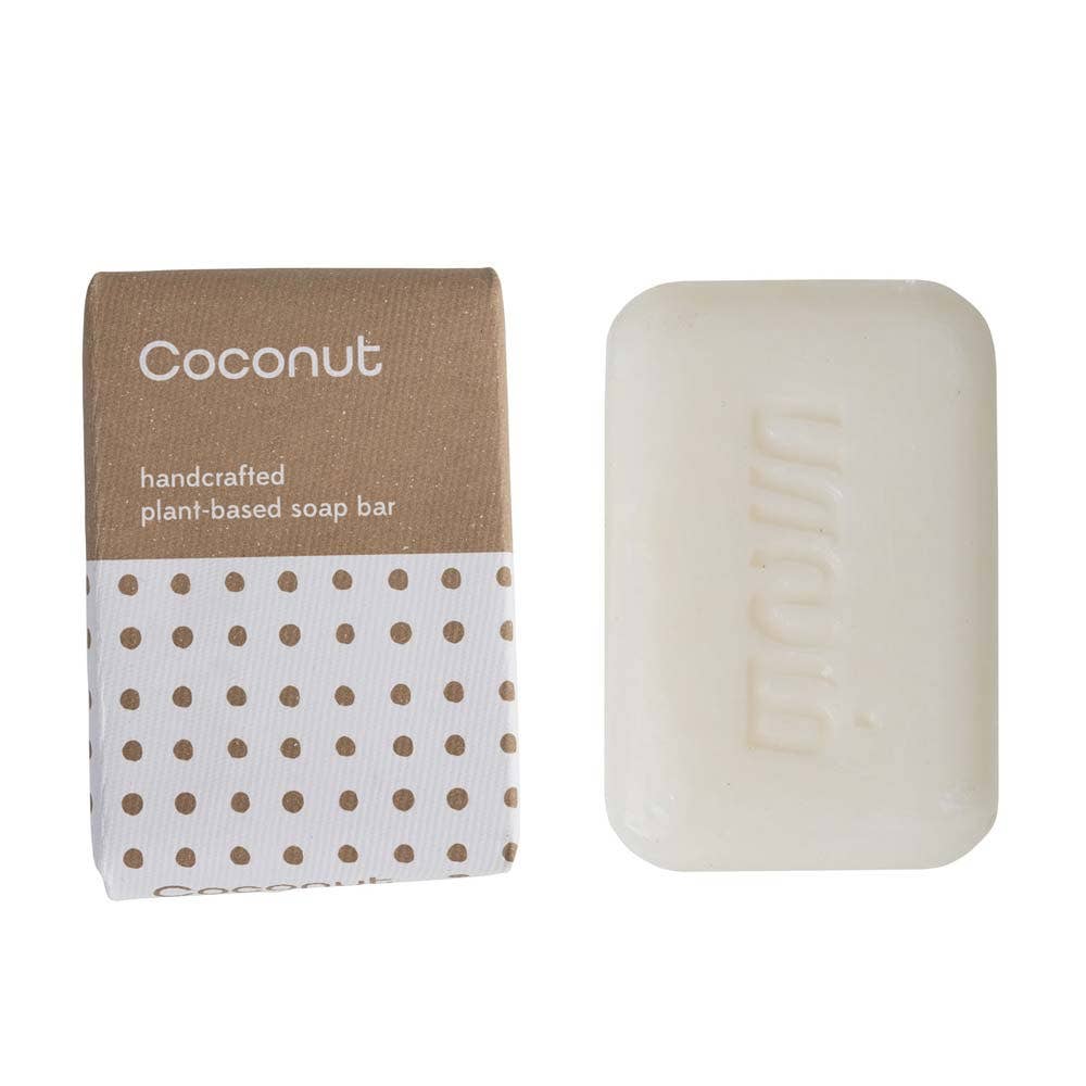 Coconut handcrafted plant-based soap bar with packaging on a white background