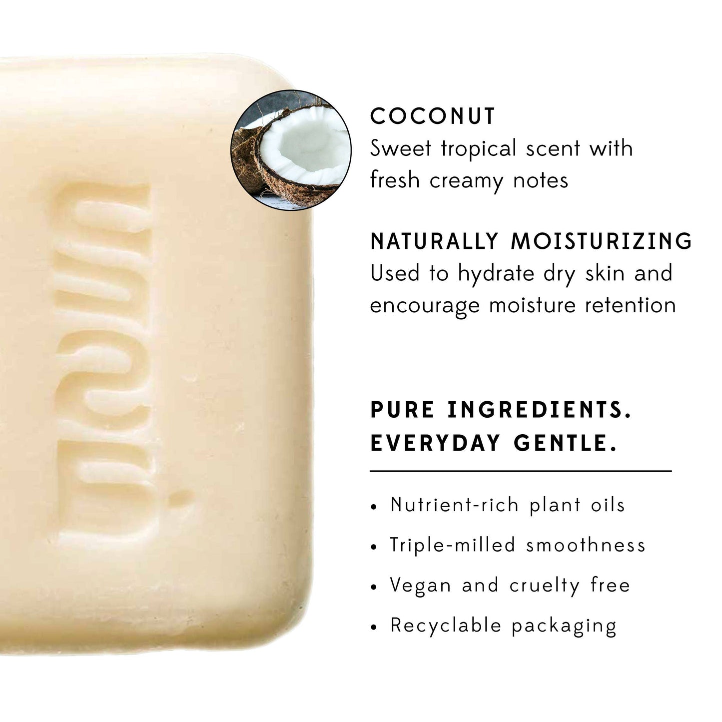 Bar of soap with branding and product information on a white background