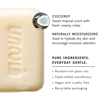 Bar of soap with branding and product information on a white background
