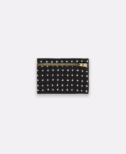 Black wallet with star pattern and gold zipper on a white background