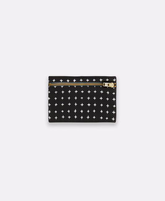 Black wallet with star pattern and gold zipper on a white background
