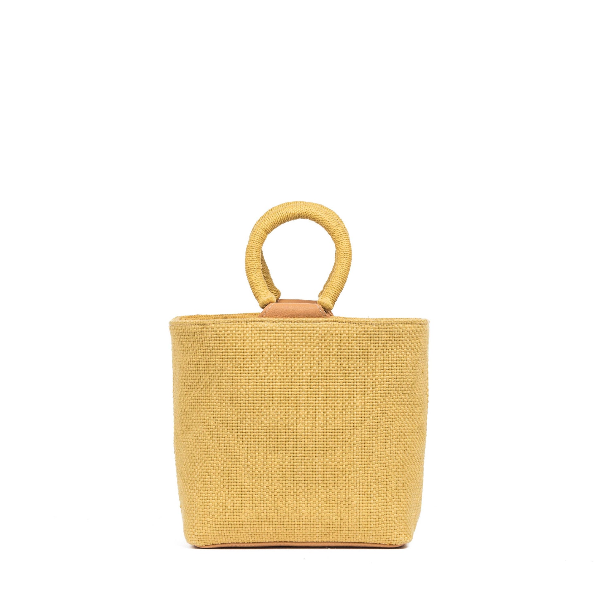 Yellow woven handbag with a circular handle on a white background