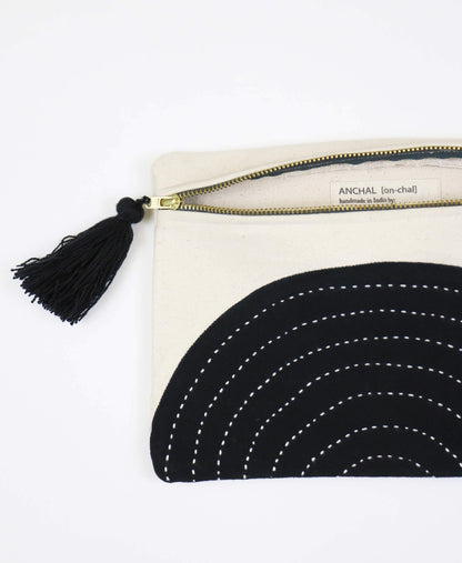 Black and white pouch with tassel on a white background
