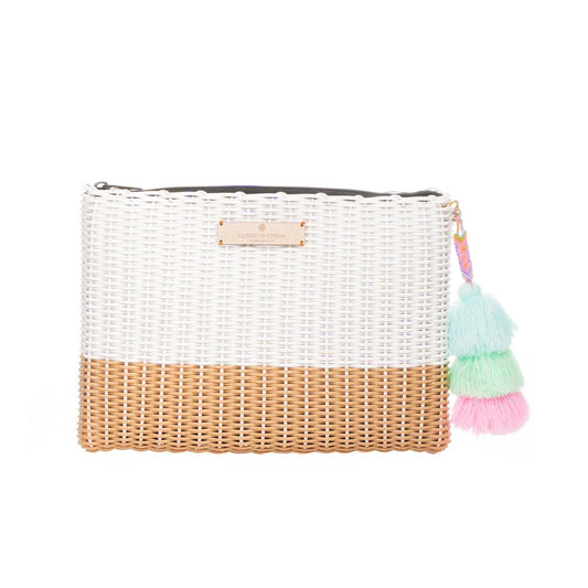 Woven clutch bag with white top half, brown bottom half, and colorful tassels on a white background