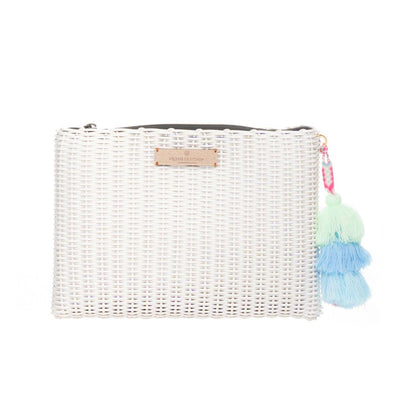 Woven clutch bag with tassels on a white background