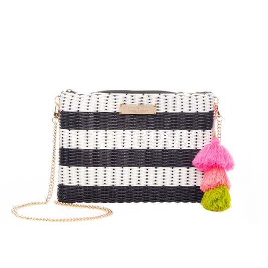Black and white striped clutch with colorful tassels on a white background