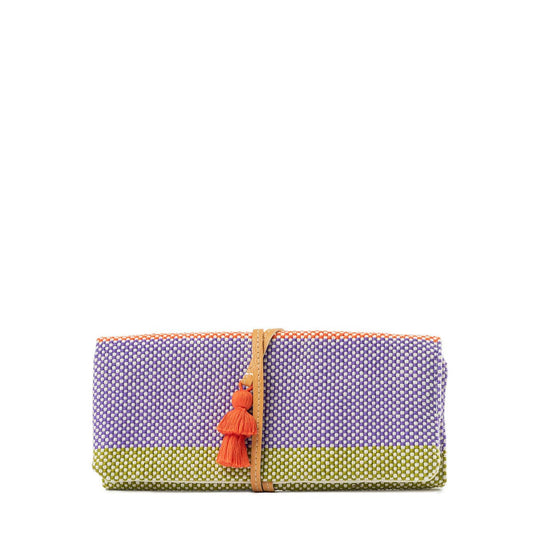 Foldable clutch with purple top half, green bottom half, and orange tassel on a white background