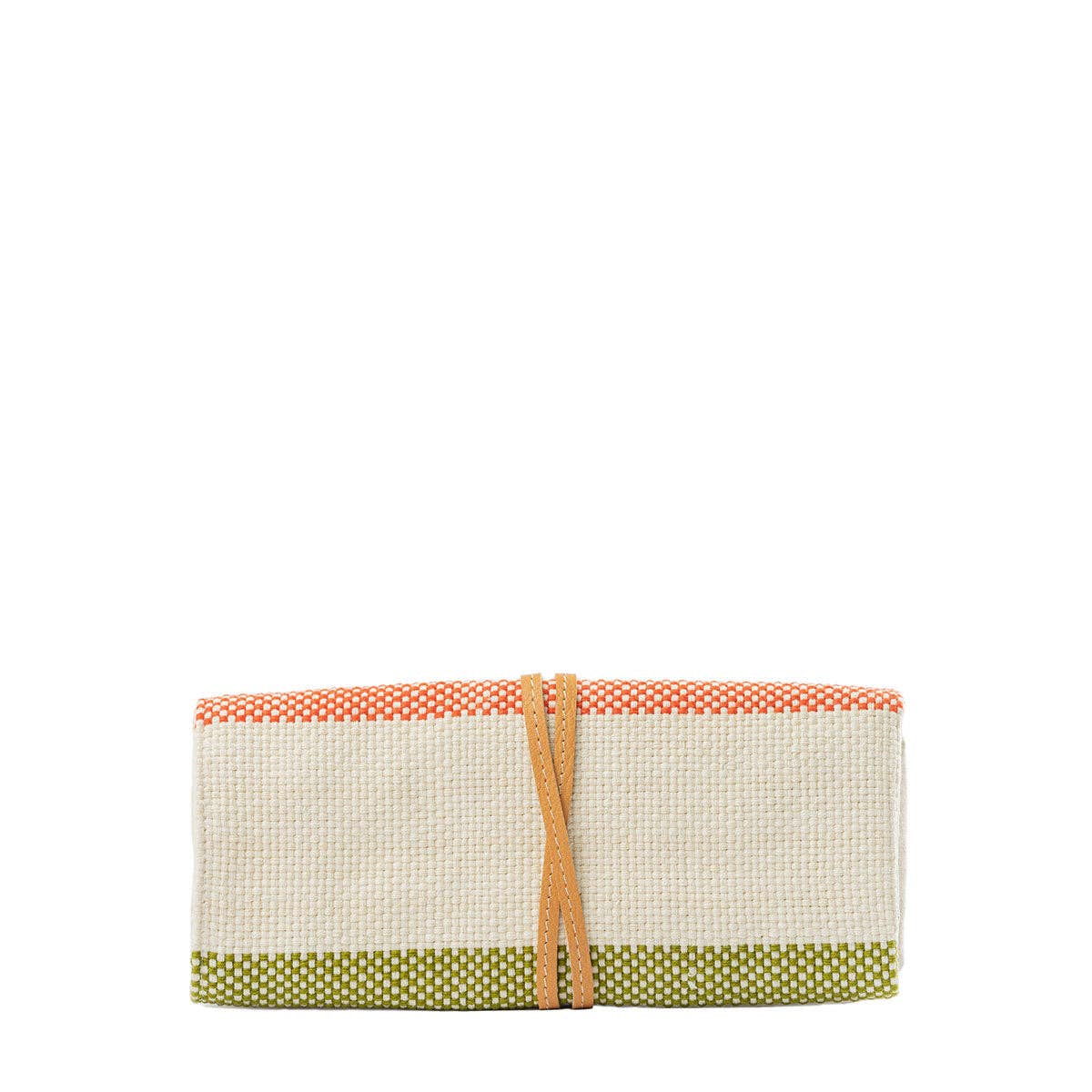 Foldable jewelry roll with colorful border and brown strap on a white background