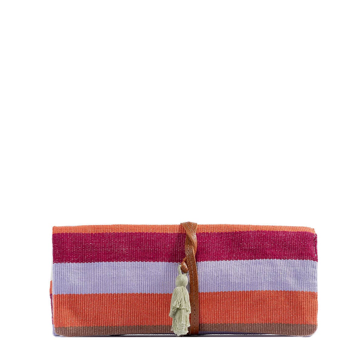 Striped clutch bag with a tassel on a white background