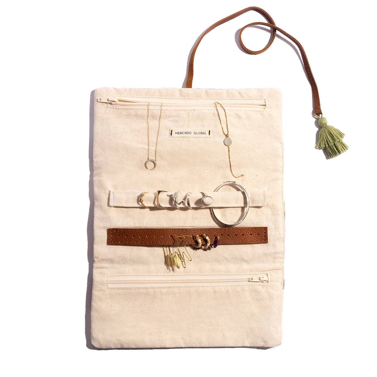 Beige travel pouch with leather straps and accessories on a white background