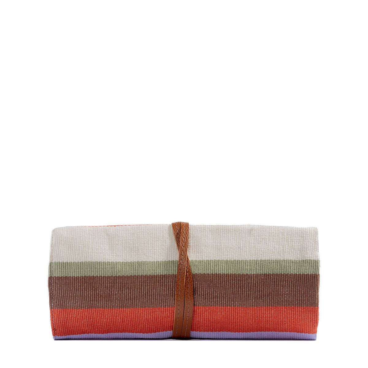 Striped fabric roll with a brown strap on a white background