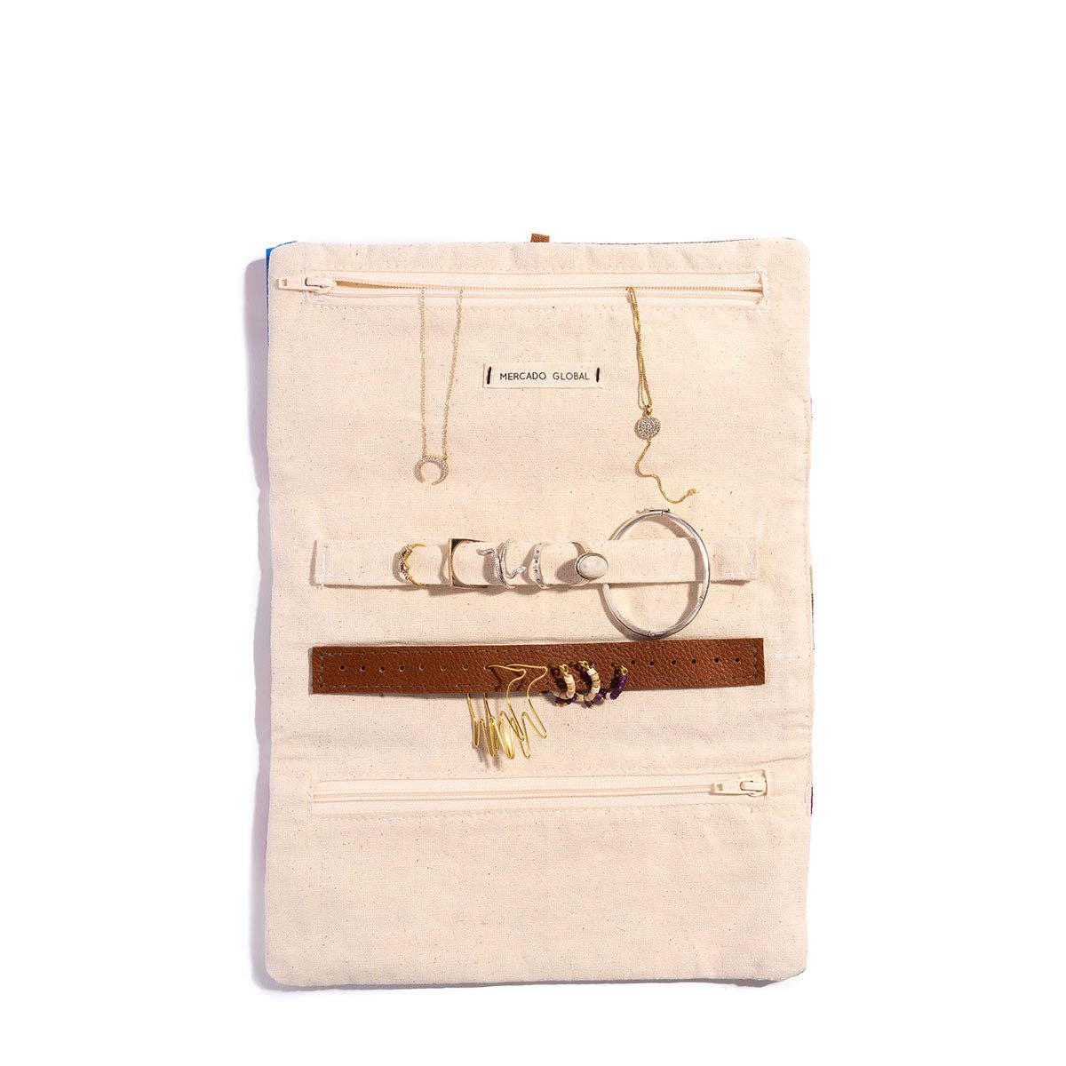 Beige jewelry roll with various necklaces on a white background