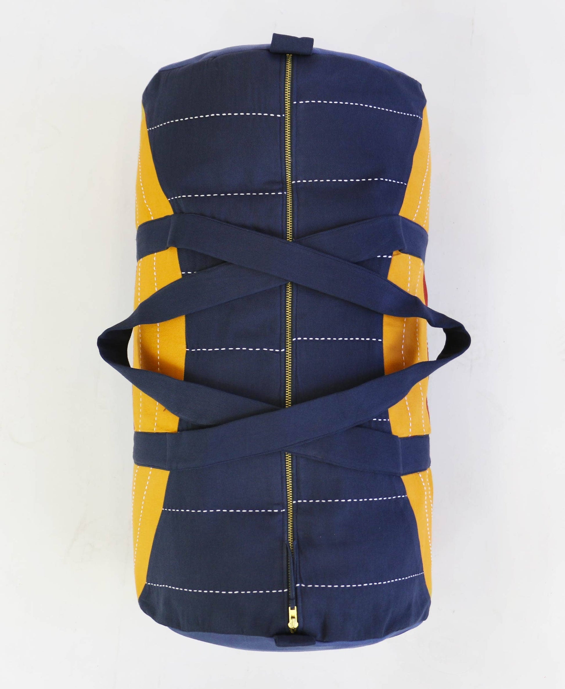 Blue and yellow bag with straps on a white background