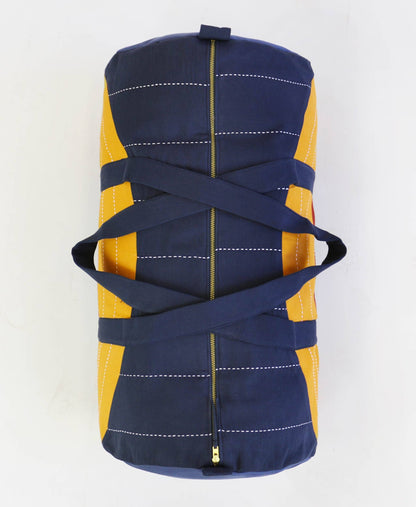 Blue and yellow bag with straps on a white background