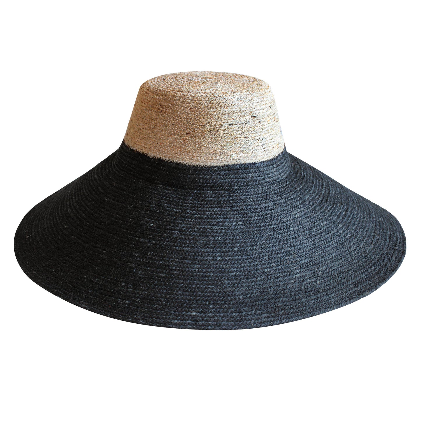 Black straw hat with beige top on a white background