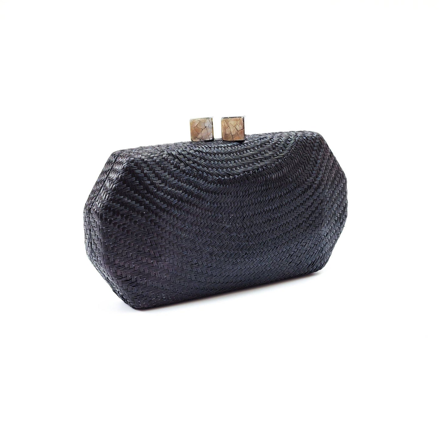 Black woven clutch bag with gold accents on a white background
