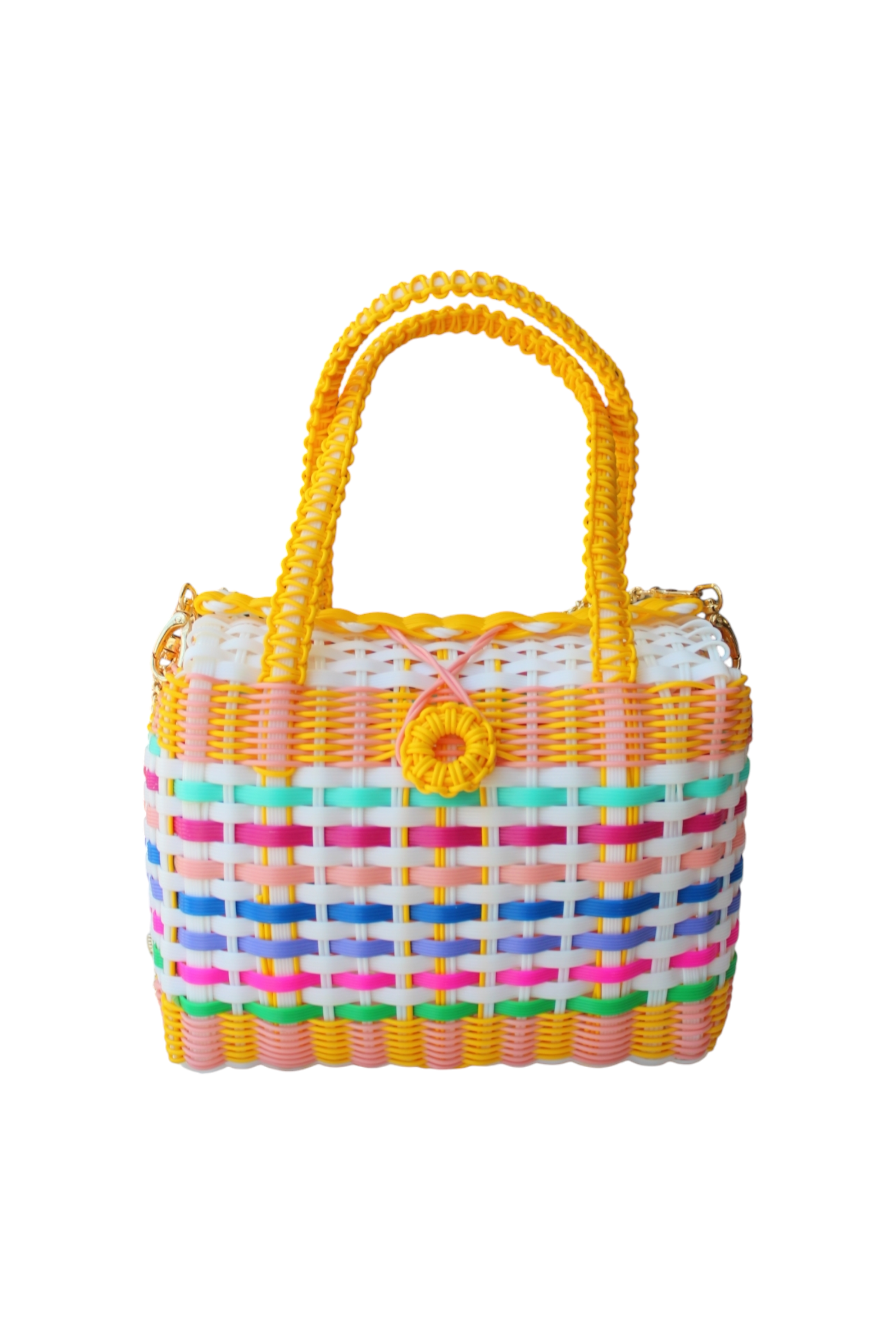 Colorful woven handbag with yellow handle on a white background