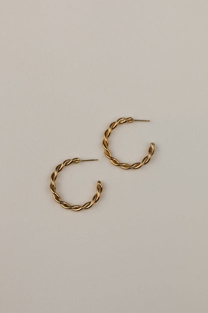 Gold hoop earrings on a light beige background