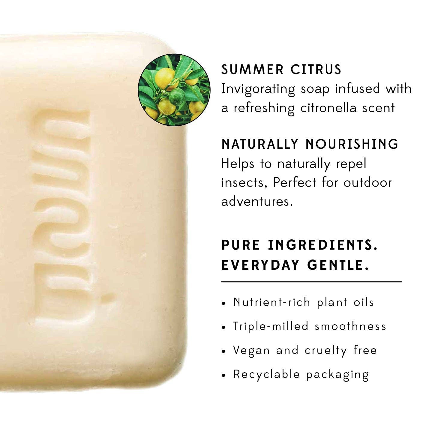 Bar of soap with 'Summer Citrus' description and features on a white background