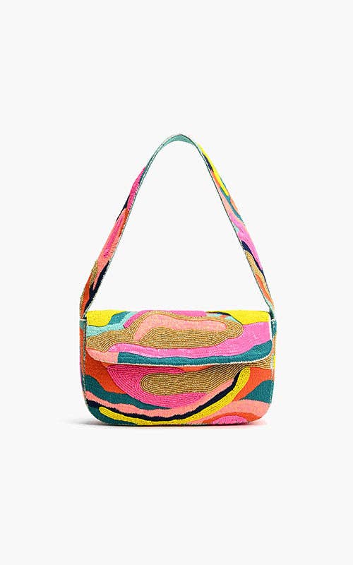 Colorful handbag with abstract pattern on a white background