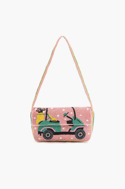 Beaded handbag with golf cart design on a white background