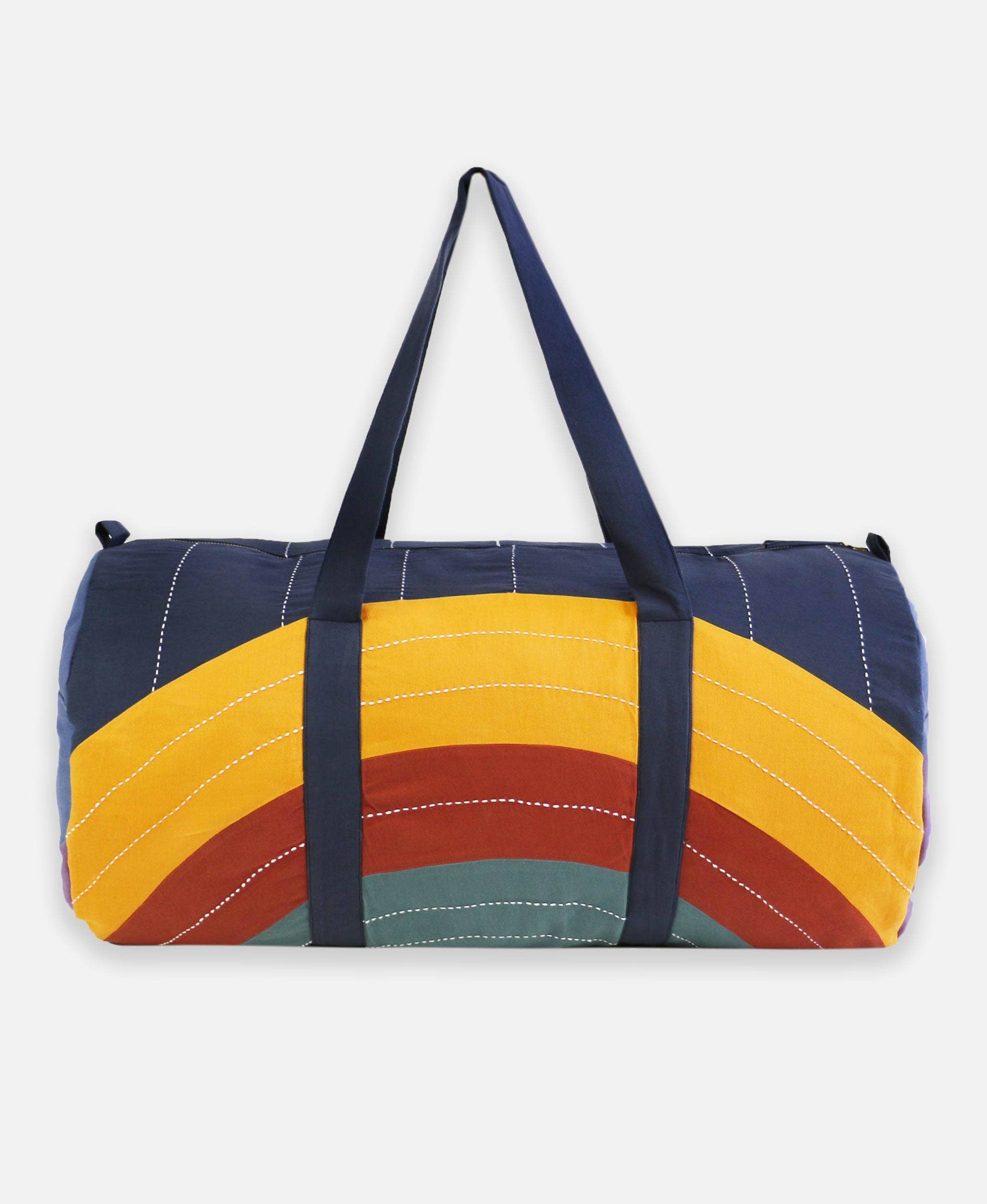 Multicolored duffel bag with striped pattern on a white background