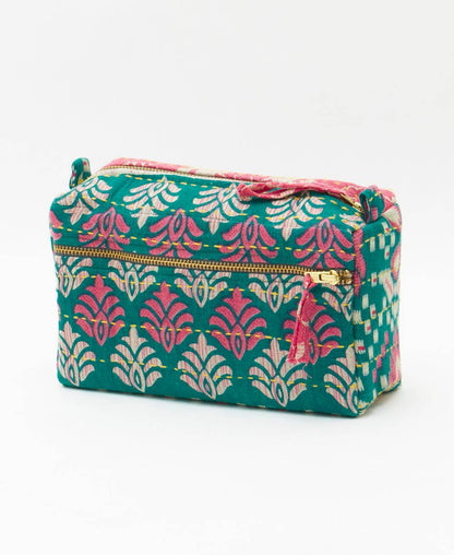 Kantha Medium Toiletry Bag in Green and Pink Fleur