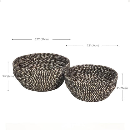 Two woven baskets with dimensions indicated on a white background