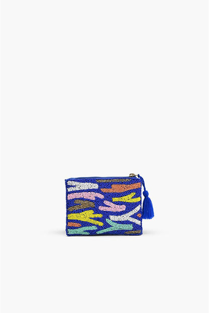 Colorful pouch with abstract patterns on a white background