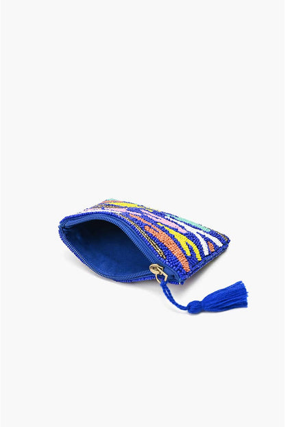 Small pouch with colorful pattern and blue zipper on a white background