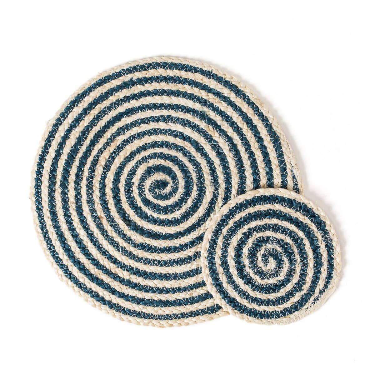 A circular placemat and a circular coaster with blue spiral pattern on a white background