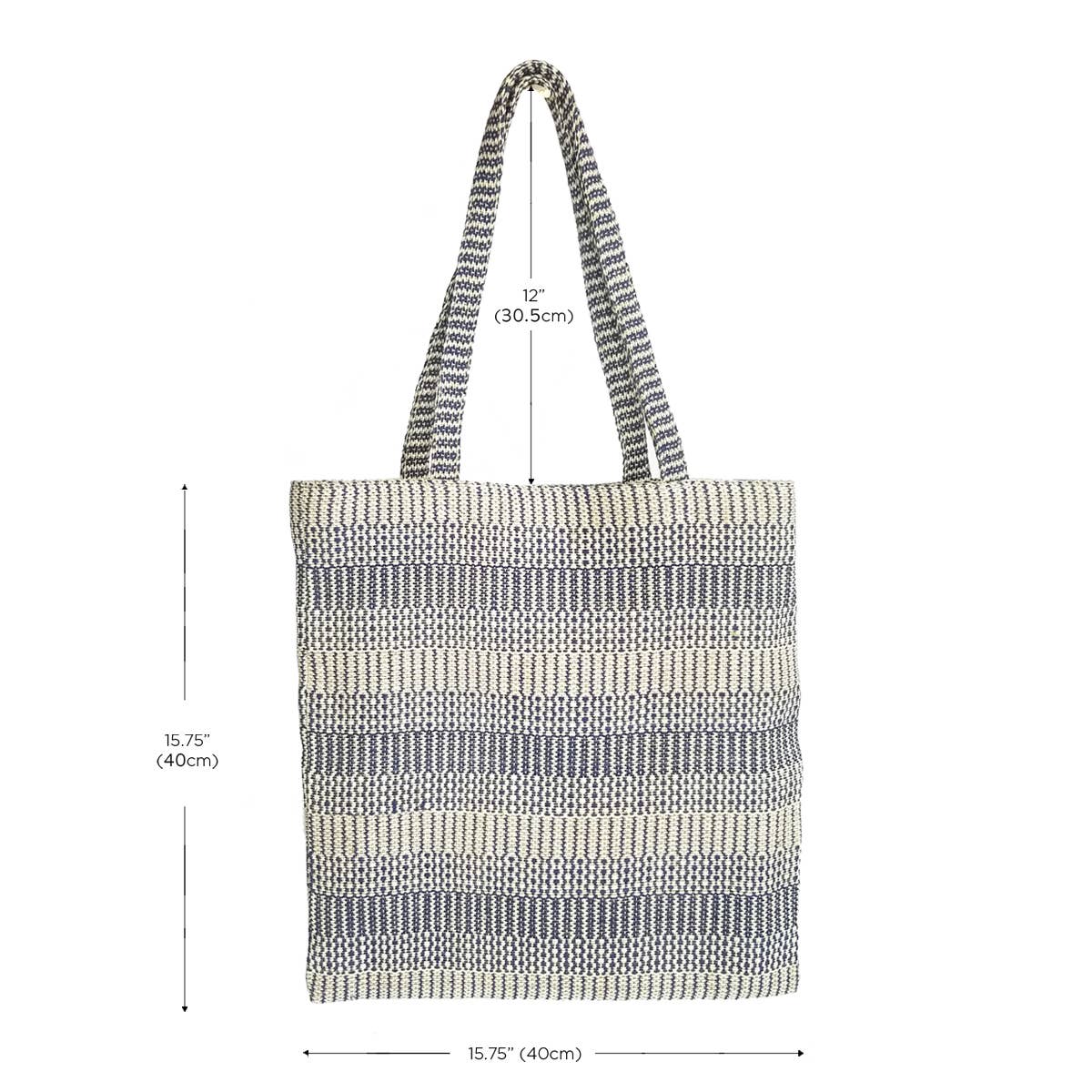 Striped tote bag with measurements on a white background