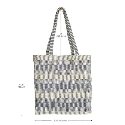 Striped tote bag with measurements on a white background