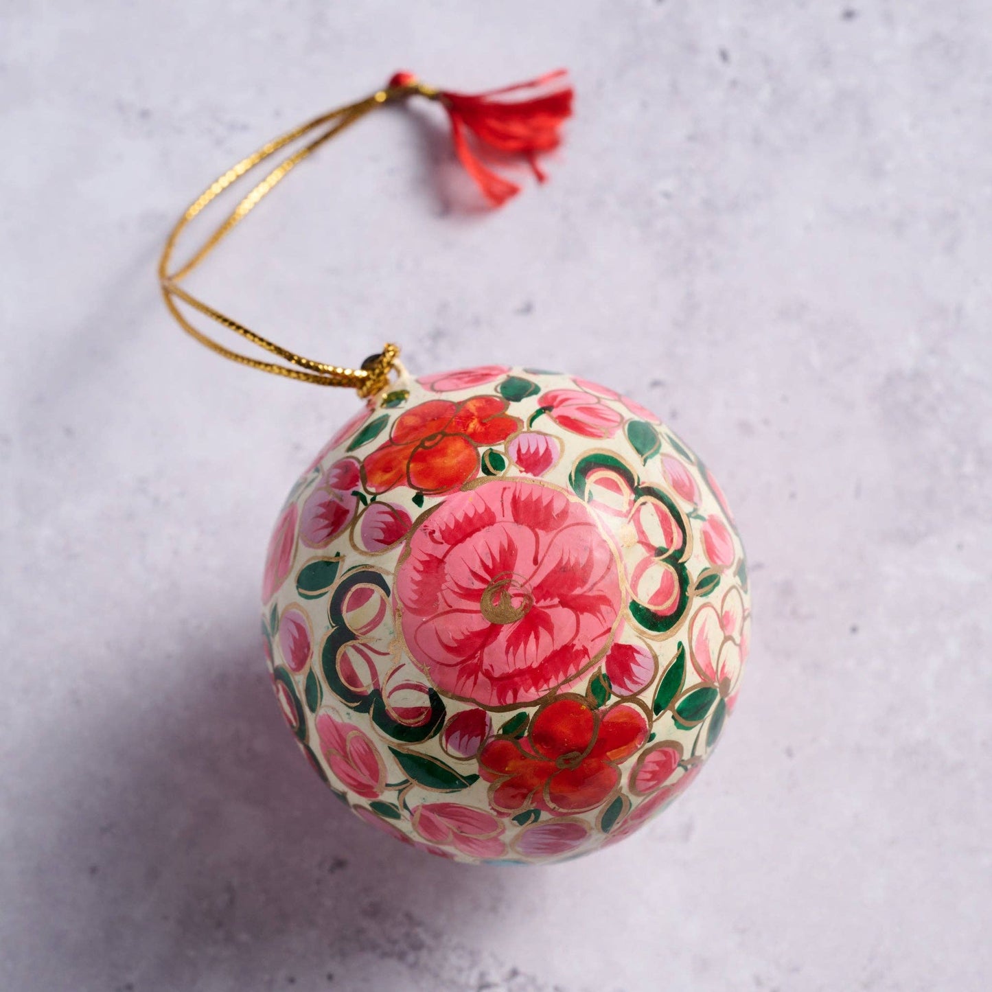 Bright Florals Painted Paper Mâché Ball Ornament