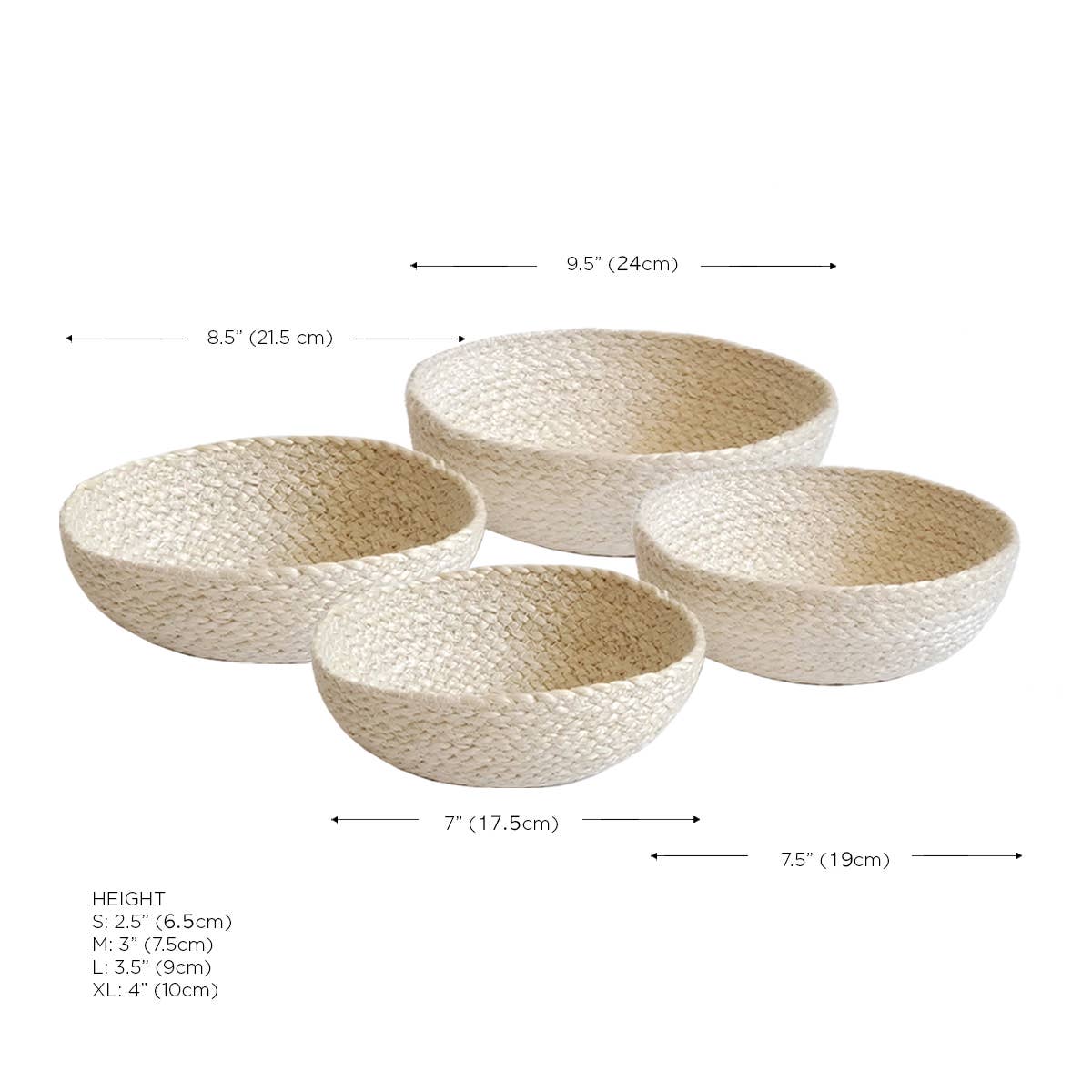Set of four woven bowls with dimensions labeled on a white background