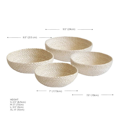 Set of four woven bowls with dimensions labeled on a white background