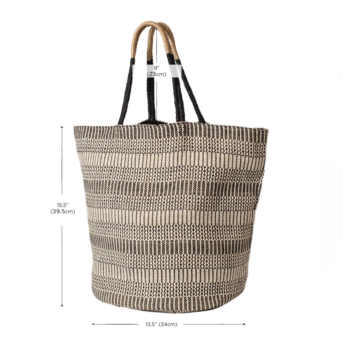 Woven tote bag with dimensions displayed on a white background