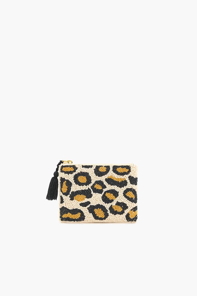 Leopard print pouch with tassels on a white background