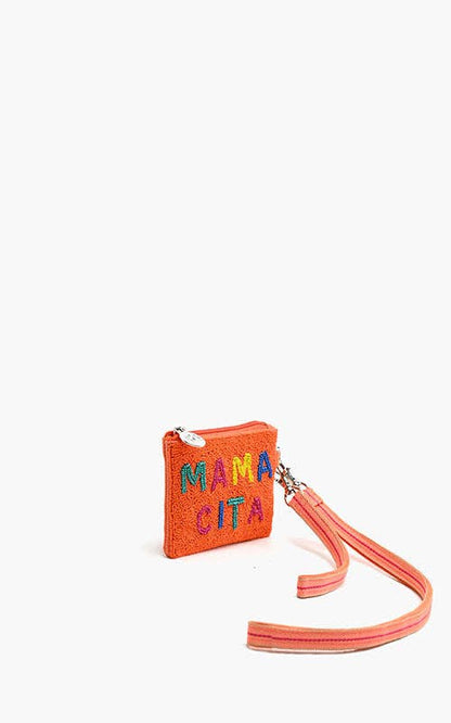Orange wallet with 'MAMACITA' text and strap on a white background