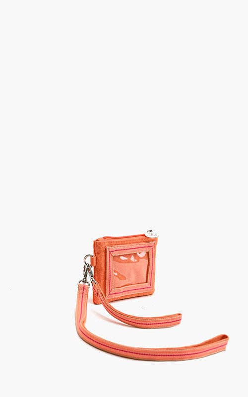 Orange-colored wallet with a strap on a white background
