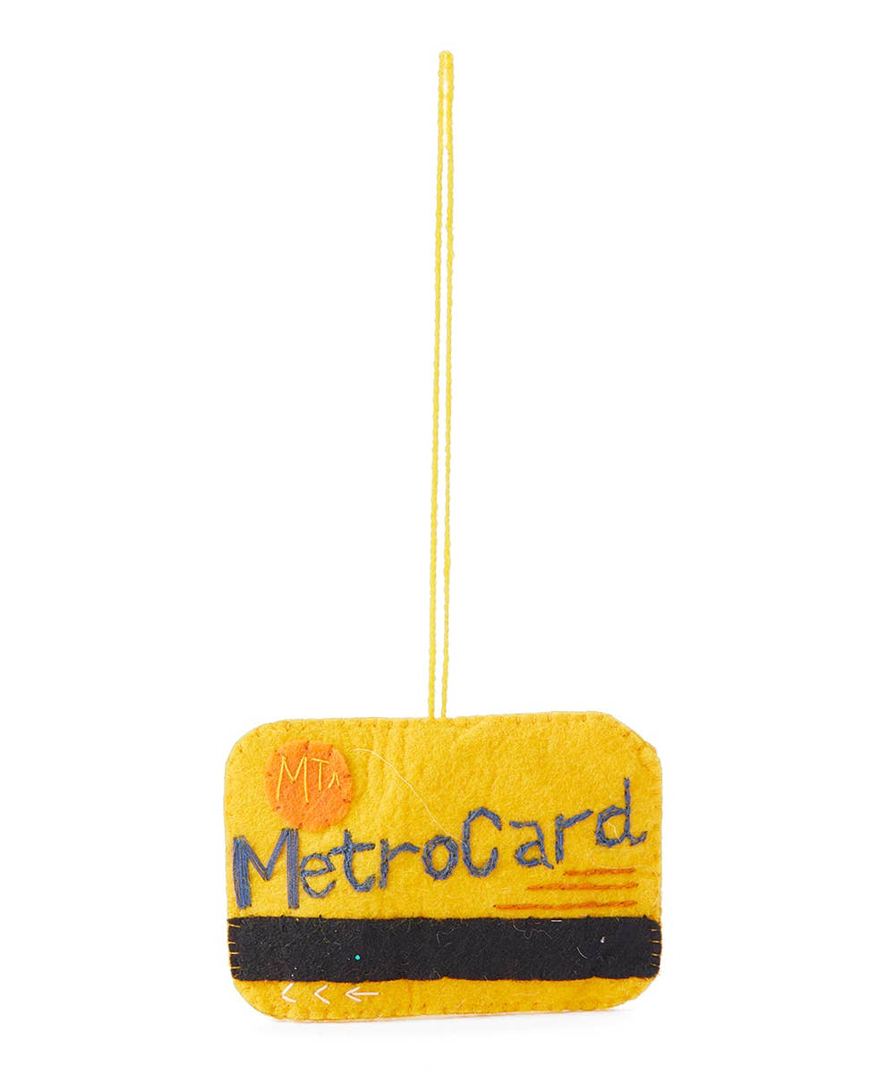 Yellow MetroCard plush toy with a string on a white background